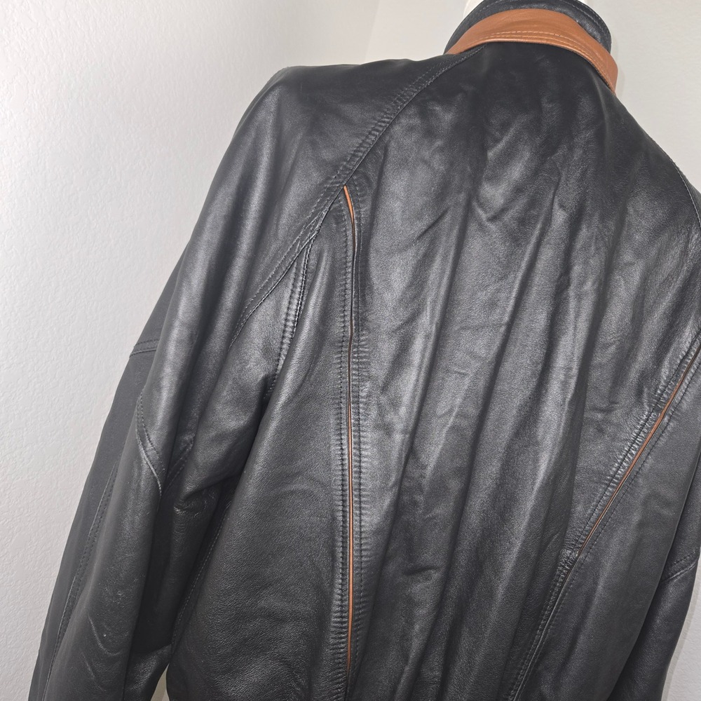 Bally Leather Jacket Men 40 Made Italy Black Tan Trim Moto Bomber Luxury Rare‎ - Picture 6 of 16